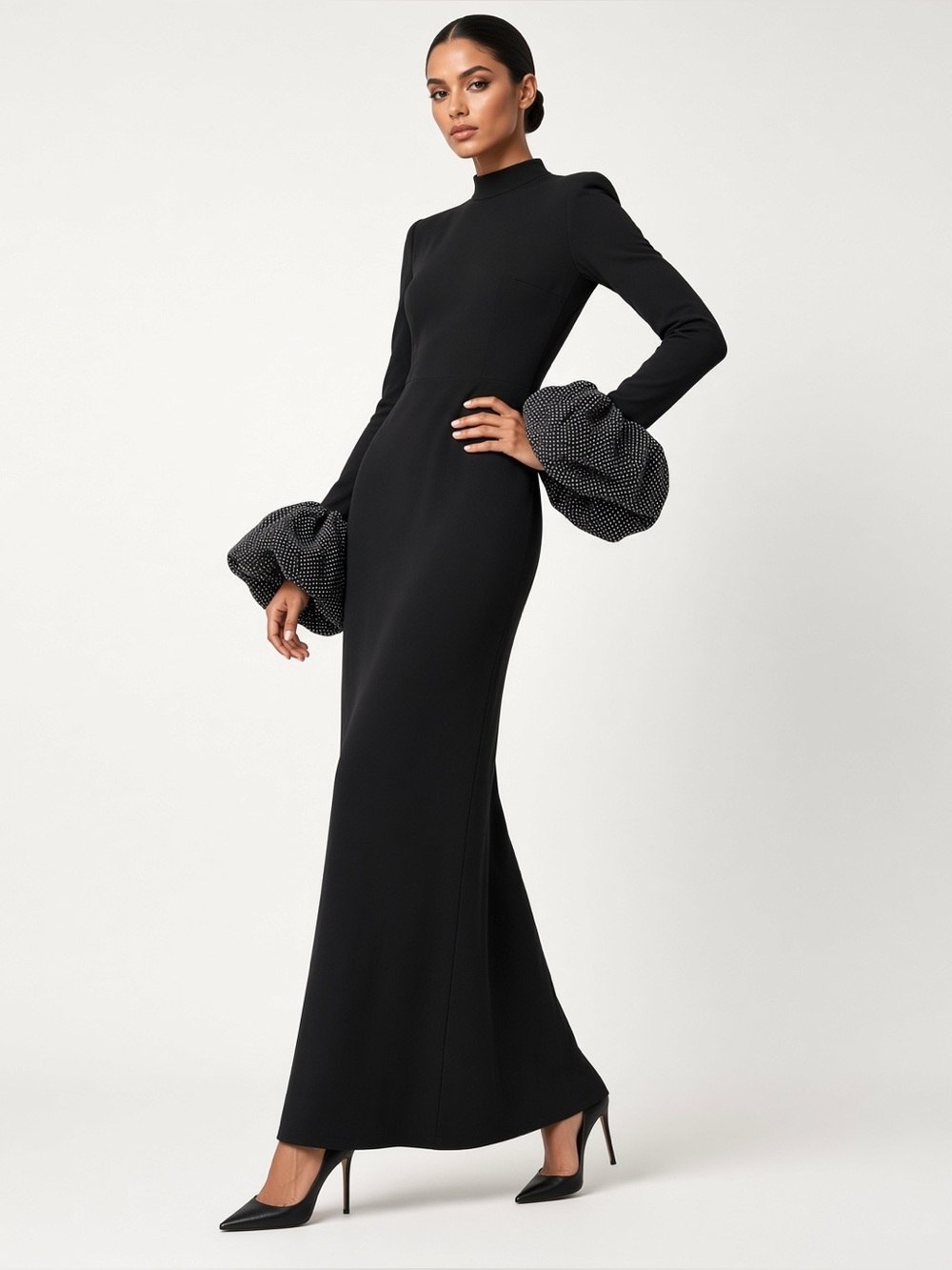 Black Long-Sleeve Maxi Dress with Statement Ruffle Cuffs